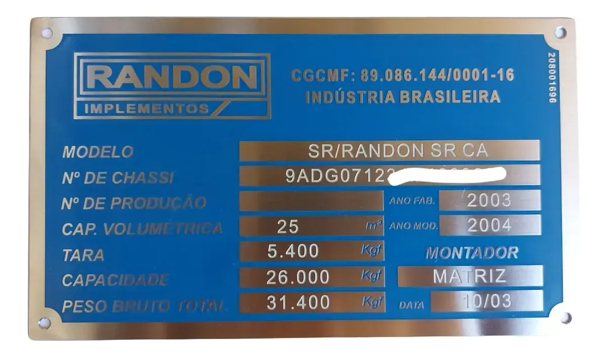 Plaqueta Randon identificação reboque chassis