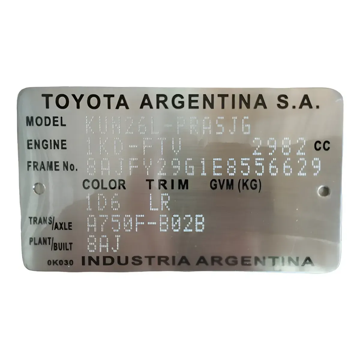 Plaqueta identificação chassis e carroçaria Toyota Argentina