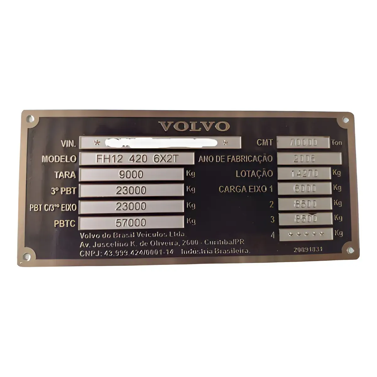 Plaqueta de identificação camião Volvo FH 540